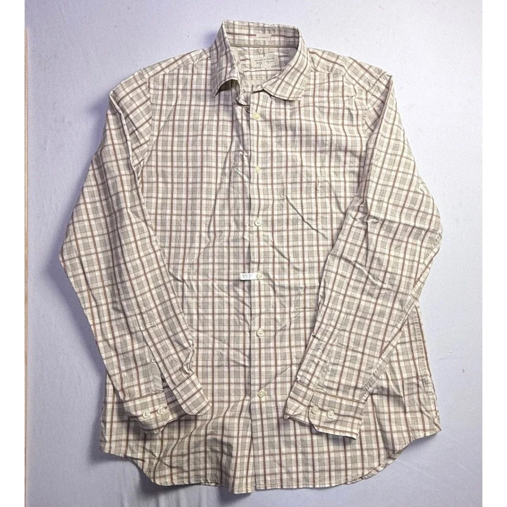 Banana Republic Mens Classic Fit Plaid Button Down Shirt Tan Cotton Size M-2342